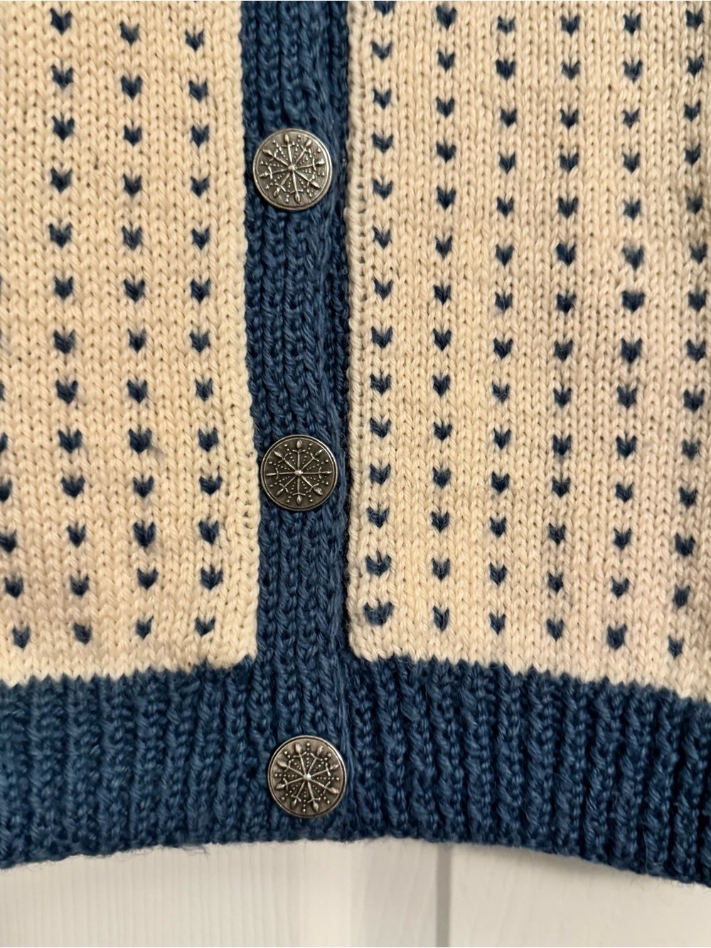 VTG Norwegian Norsk Husflid Fair Isle Wool Cardigan - Cream, Navy, Blue & Red - Picture 5 of 12